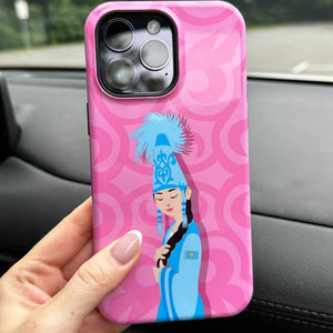 hand holding an iphone case with unique kazakhstan traditional modern design