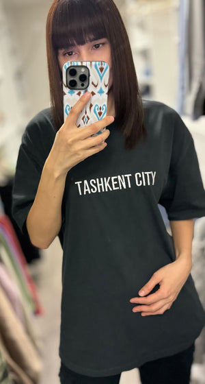 Black cotton T shirt with embroidery Uzbek flag tashkent city