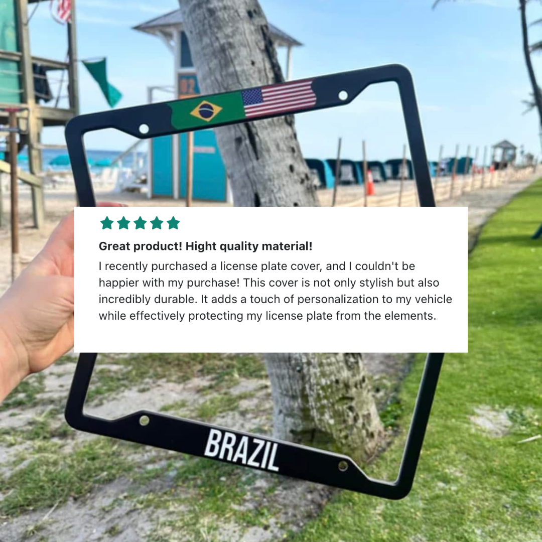 someone holding the Brazil + USA flag license plate frame